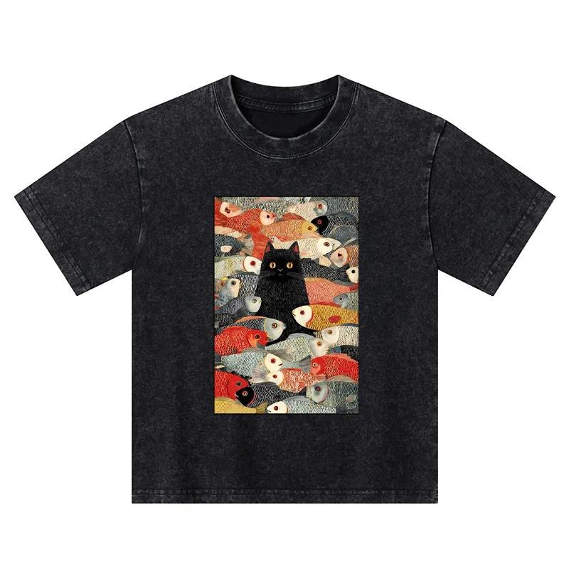 Tokyo-Tiger Cats And Fish Kids Washed T-Shirt