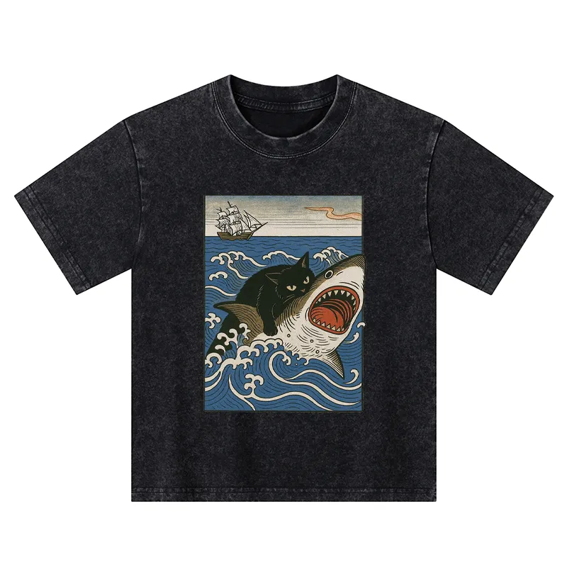 Tokyo-Tiger Cat Hunting Shark Kids Washed T-Shirt