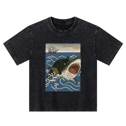 Tokyo-Tiger Cat Hunting Shark Kids Washed T-Shirt