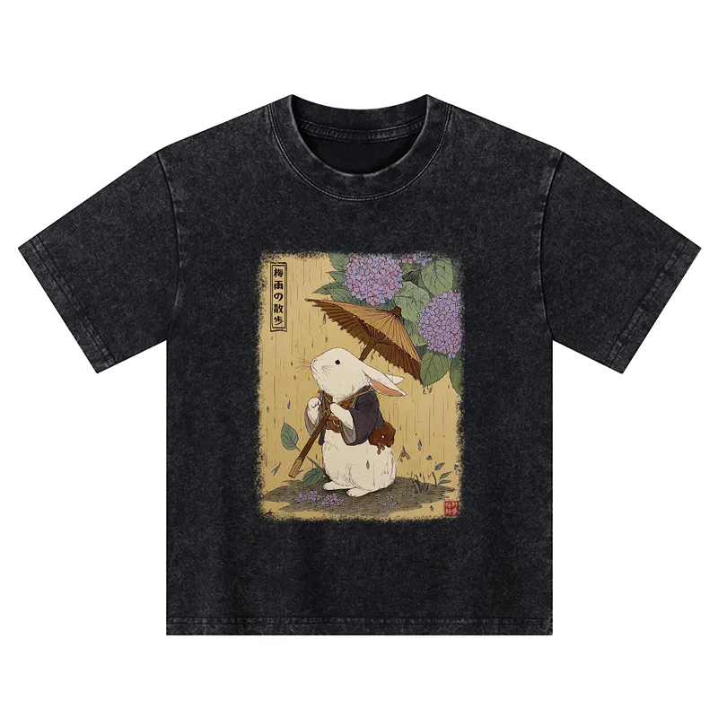 Tokyo-Tiger Ukiyoe Rainy Stroll Bunny Kids Washed T-Shirt