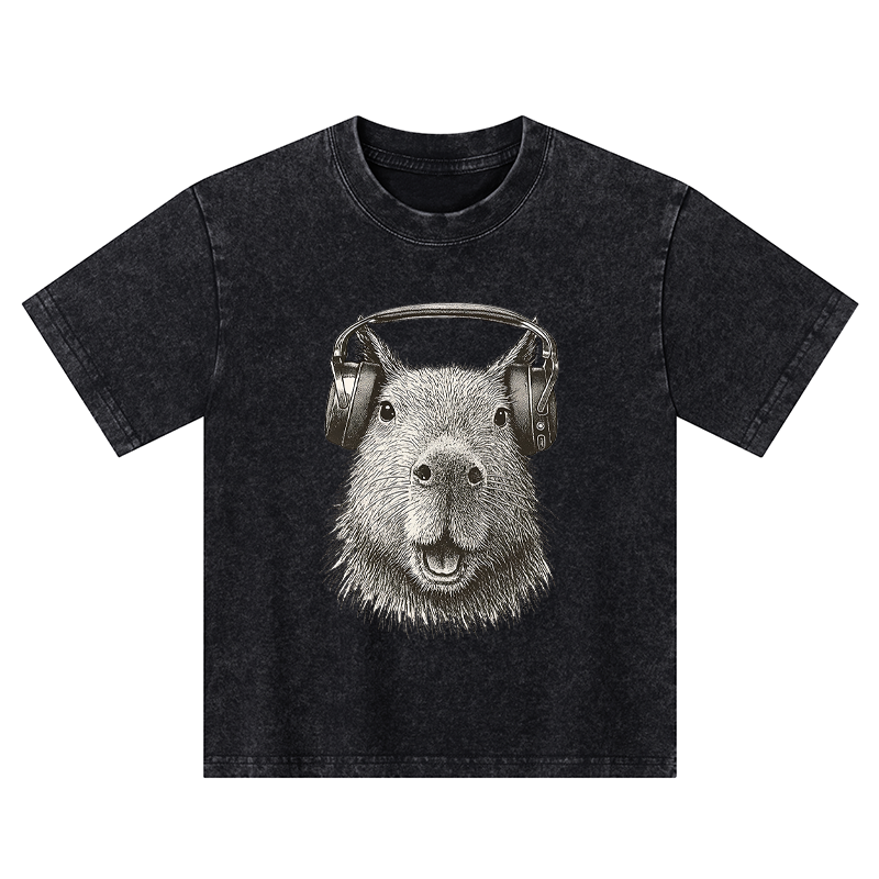 Tokyo-Tiger Capybara Listening To Music Kids Washed T-Shirt