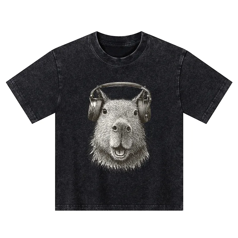 Tokyo-Tiger Capybara Listening To Music Kids Washed T-Shirt