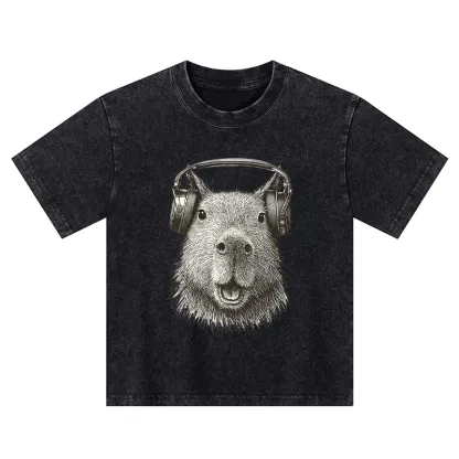 Tokyo-Tiger Capybara Listening To Music Kids Washed T-Shirt