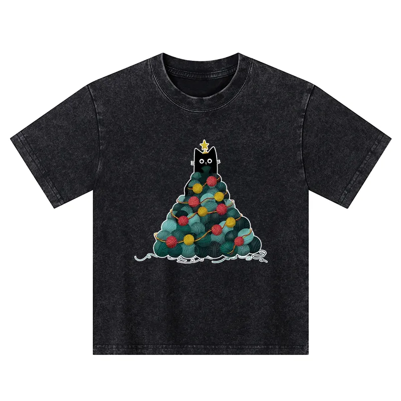 Tokyo-Tiger Yarn Christmas Tree Cat Kids Washed T-Shirt