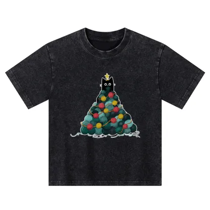 Tokyo-Tiger Yarn Christmas Tree Cat Kids Washed T-Shirt