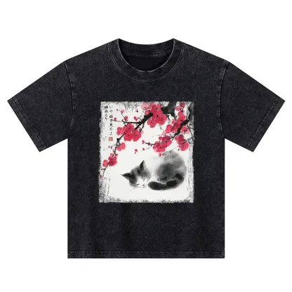Tokyo-Tiger Ink Wash Painting: A Cat Lying Flat Under The Tree Kids Washed T-Shirt