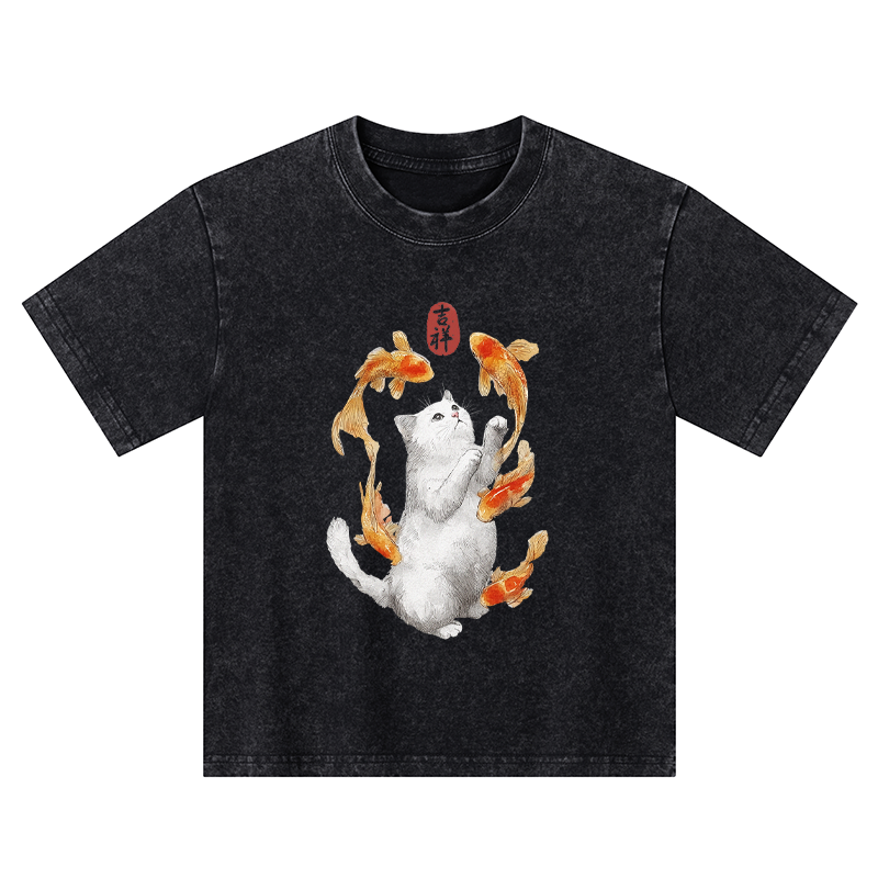 Tokyo-Tiger Zen Cat And The Dancing Fish Kids Washed T-Shirt
