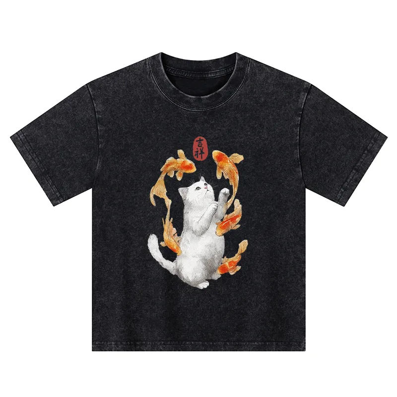 Tokyo-Tiger Zen Cat And The Dancing Fish Kids Washed T-Shirt