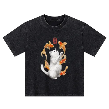 Tokyo-Tiger Zen Cat And The Dancing Fish Kids Washed T-Shirt