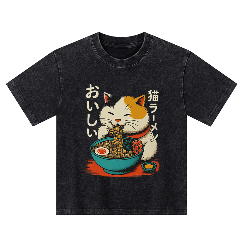 Tokyo-Tiger Cute Eat Eating Japanese Ramen Kids Washed T-Shirt