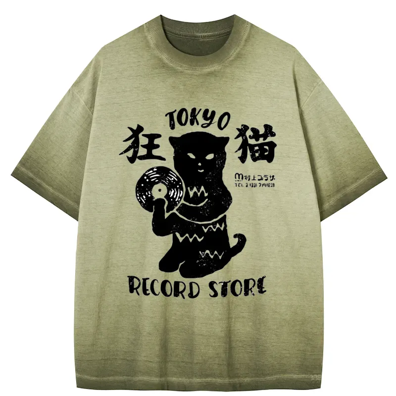 Tokyo-Tiger Tokyo Record Store Cat CD Gradient Washed T-Shirt