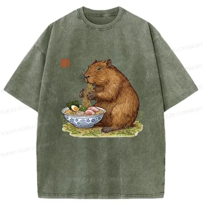 Tokyo-Tiger Capybara Eating Delicious Ramen Washed T-Shirt