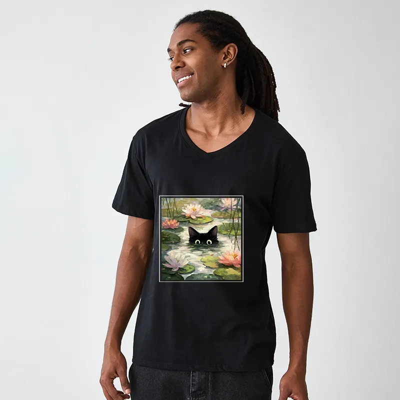 Tokyo-Tiger Black Cat and Lotus Flower V-Neck Classic T-Shirt