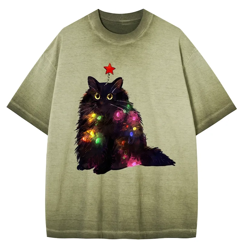 Tokyo-Tiger Christmas Lights Cat Gradient Washed T-Shirt