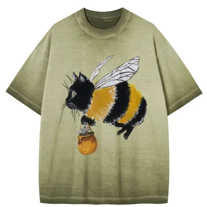 Tokyo-Tiger Catbee Funny Gradient Washed T-Shirt