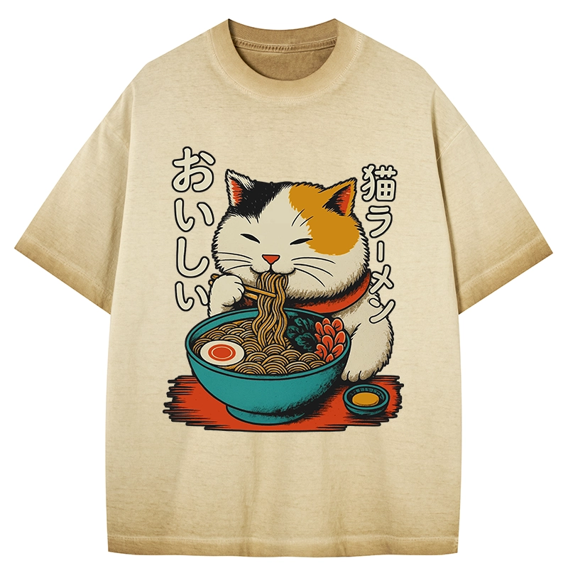 Tokyo-Tiger Cute Eat Eating Japanese Ramen Gradient Washed T-Shirt