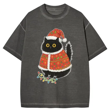 Tokyo-Tiger Cat Wearing Santa Hat Gradient Washed T-Shirt