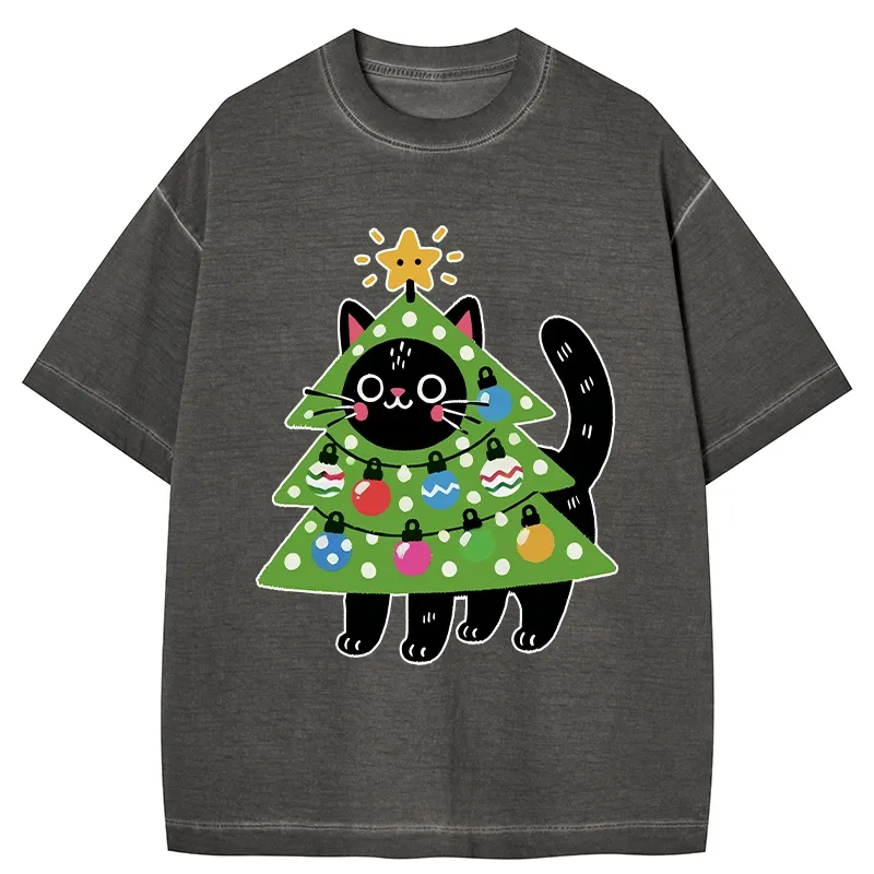 Tokyo-Tiger Christmas Tree Cat Gradient Washed T-Shirt