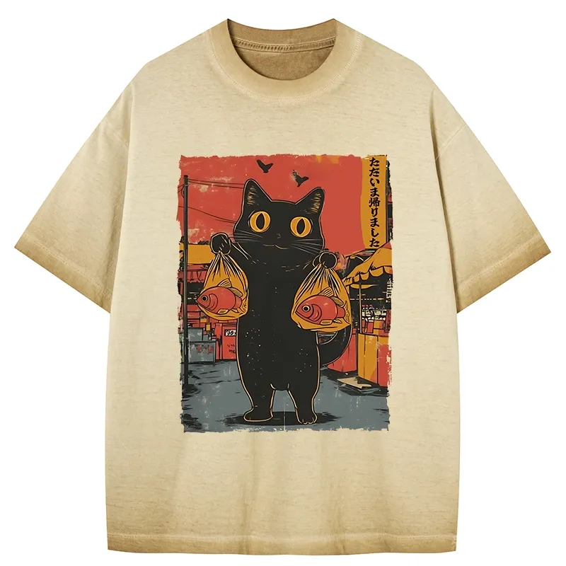 Tokyo-Tiger Cat Fishing Japanese Gradient Washed T-Shirt