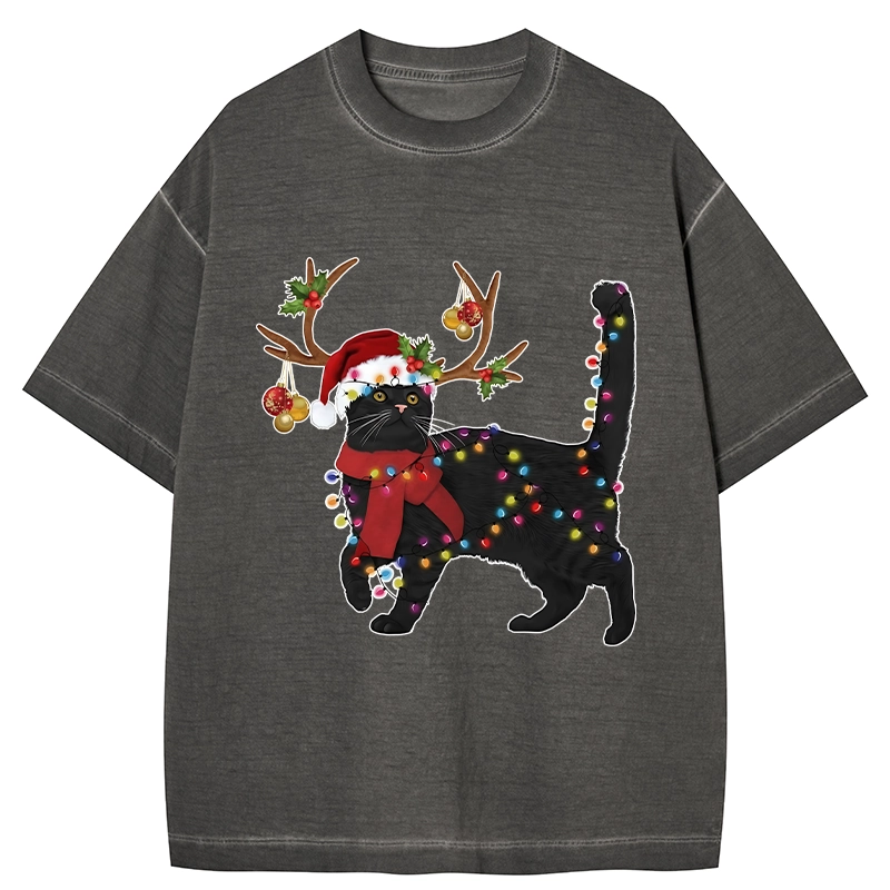 Tokyo-Tiger Christmas Black Cat Gradient Washed T-Shirt