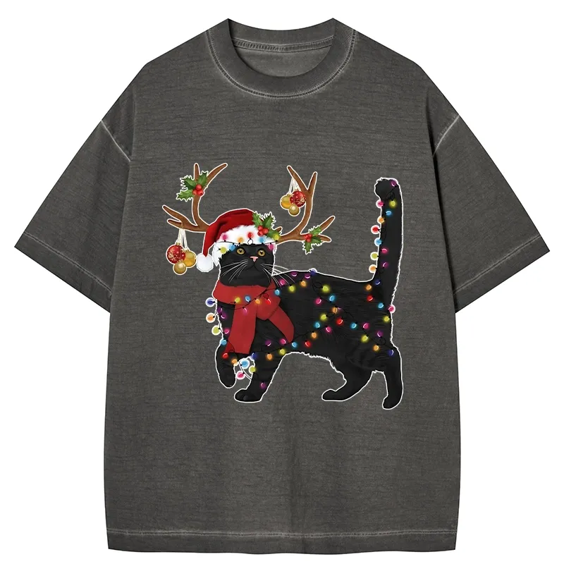 Tokyo-Tiger Christmas Black Cat Gradient Washed T-Shirt