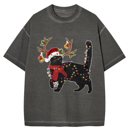 Tokyo-Tiger Christmas Black Cat Gradient Washed T-Shirt