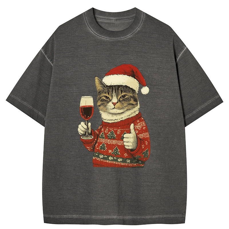 Tokyo-Tiger Christmas Cat Likes Gradient Washed T-Shirt