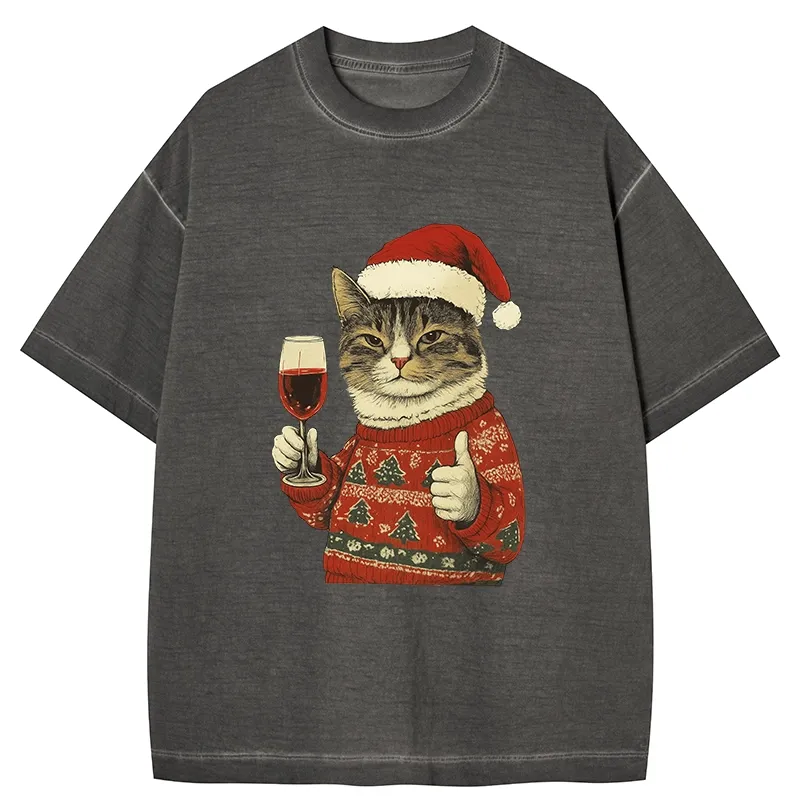 Tokyo-Tiger Christmas Cat Likes Gradient Washed T-Shirt