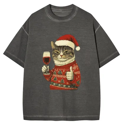 Tokyo-Tiger Christmas Cat Likes Gradient Washed T-Shirt