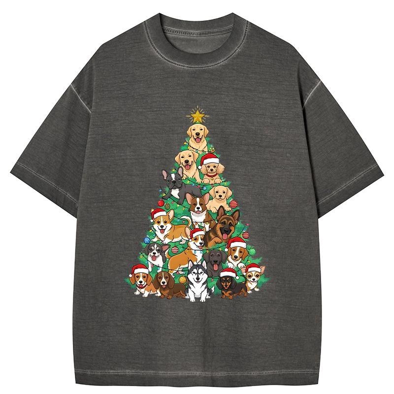 Tokyo-Tiger Christmas Tree Dog Funny Gradient Washed T-Shirt
