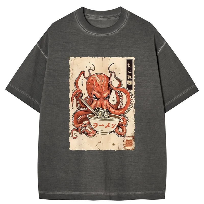 Tokyo-Tiger Retro Octopus Eating Ramen Gradient Washed T-Shirt