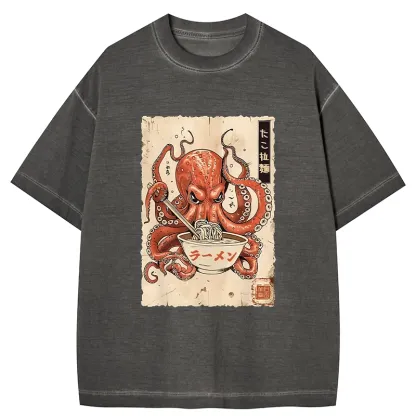 Tokyo-Tiger Retro Octopus Eating Ramen Gradient Washed T-Shirt