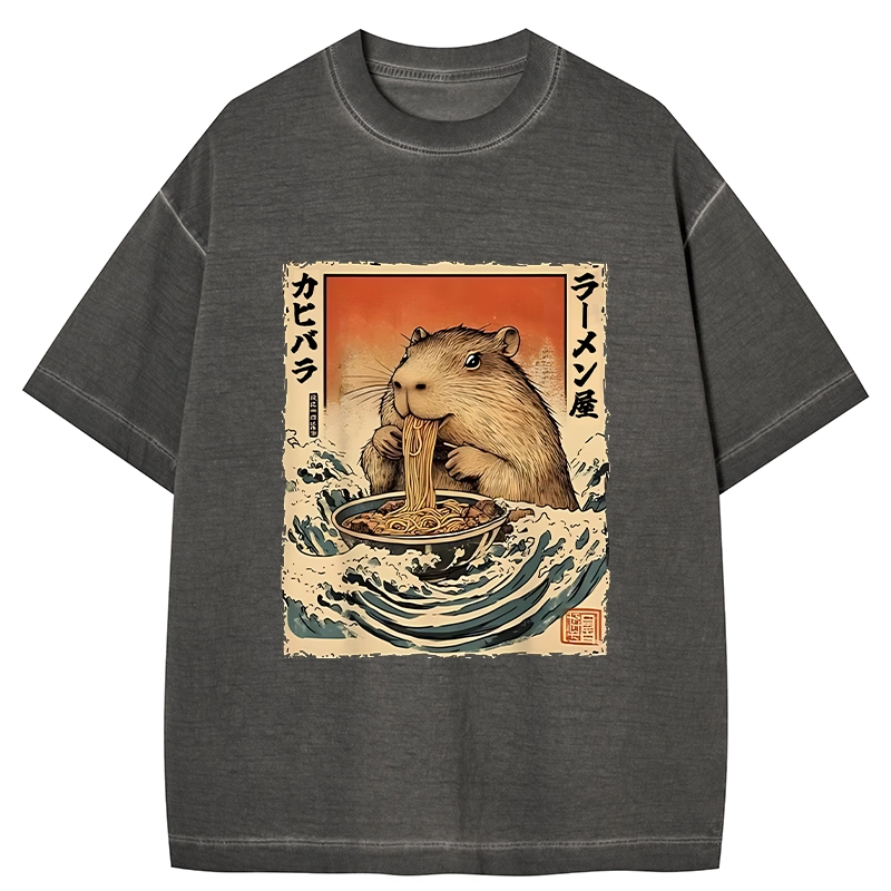 Tokyo-Tiger Hamster Eating Ramen Gradient Washed T-Shirt