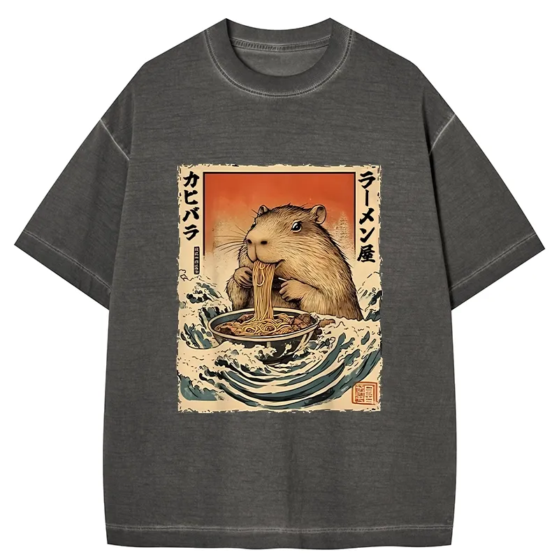 Tokyo-Tiger Hamster Eating Ramen Gradient Washed T-Shirt