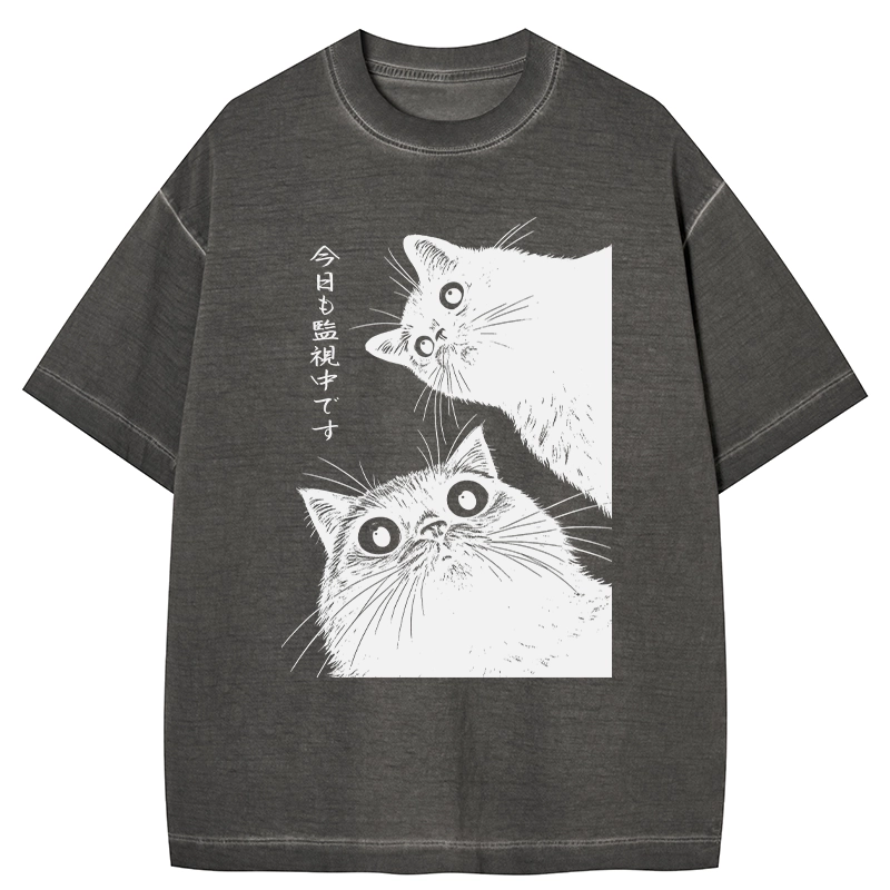 Tokyo-Tiger The Cat Is Watching Today Gradient Washed T-Shirt