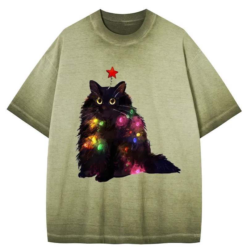 Tokyo-Tiger Christmas Lights Cat Gradient Washed T-Shirt