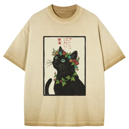 Tokyo-Tiger The Flower-Crowned Cat Gradient Washed T-Shirt