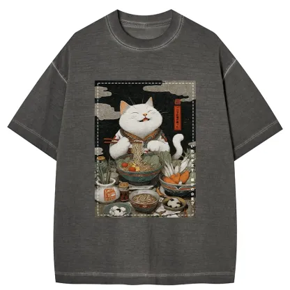 Tokyo-Tiger The Ramen-Loving Cat Gradient Washed T-Shirt