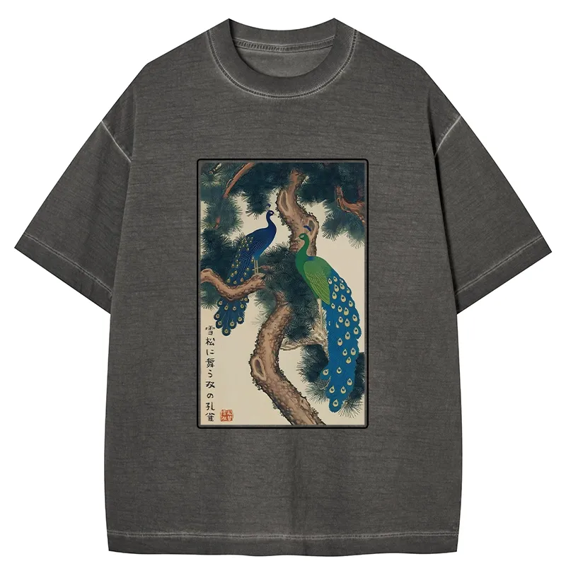 Tokyo-Tiger Peacocks in Snowy Pines Gradient Washed T-Shirt