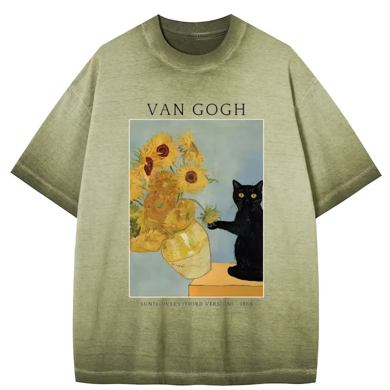 Tokyo-Tiger Black Cat With Sunflowers Gradient Washed T-Shirt