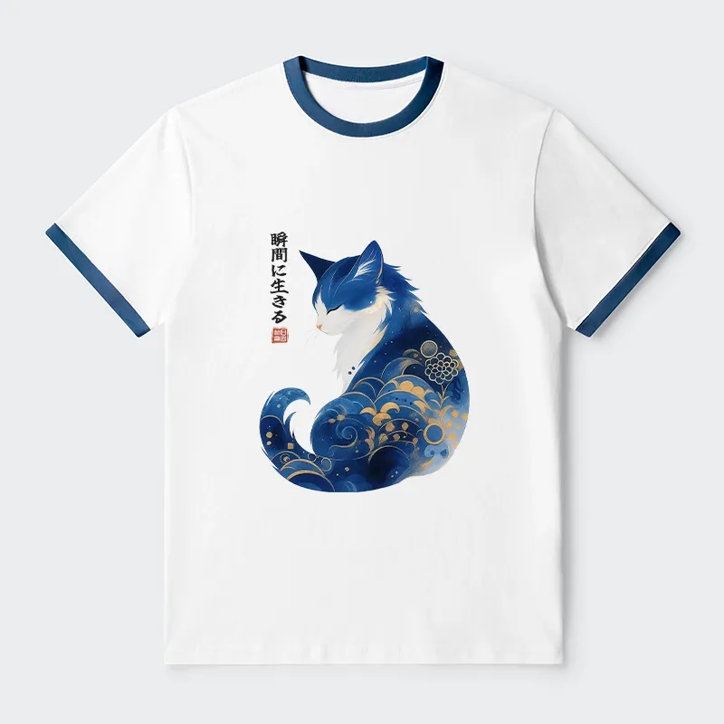 Tokyo-Tiger Retro Zen Cat: Living the Present Trim T-Shirt