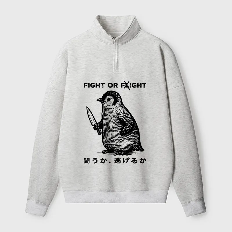 Tokyo-Tiger Funny Fight Or Flight Half Zip Fleece Sweatshirt