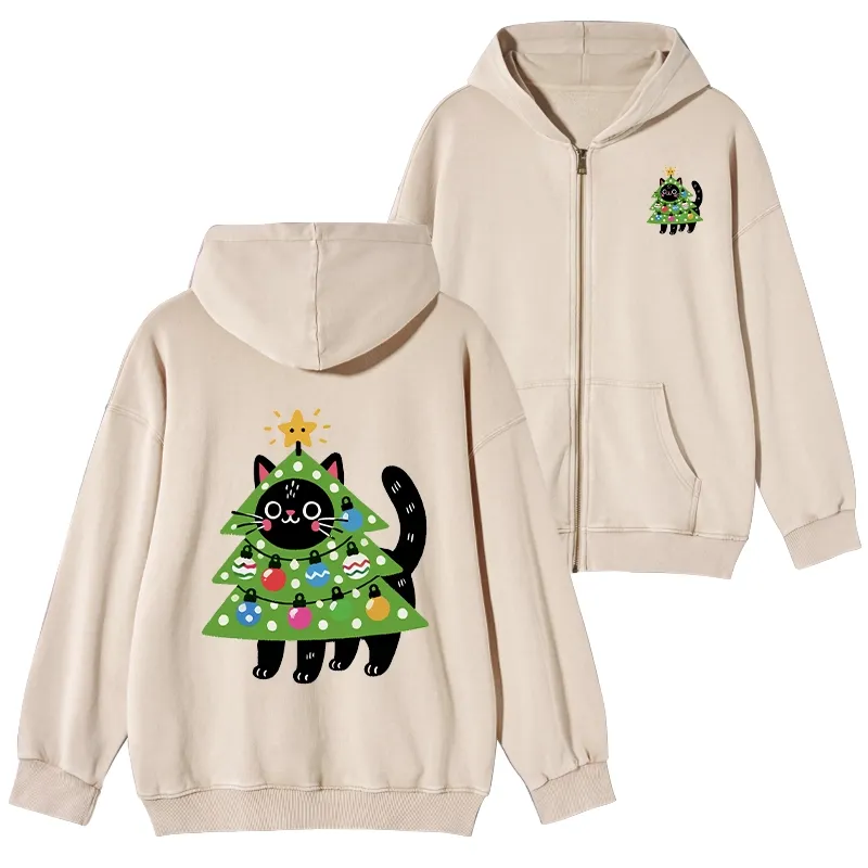 Tokyo-Tiger Christmas Tree Cat Washed Zip Hoodie Sale