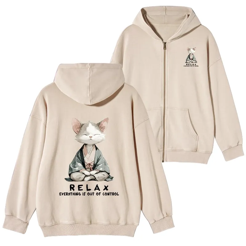 Tokyo-Tiger Zen Cat Relaxation，Everything's Out Of Control Washed Zip Hoodie