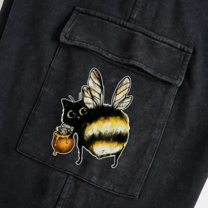 Tokyo-Tiger Cute Catbee Butt Washed Utility Sweatpants