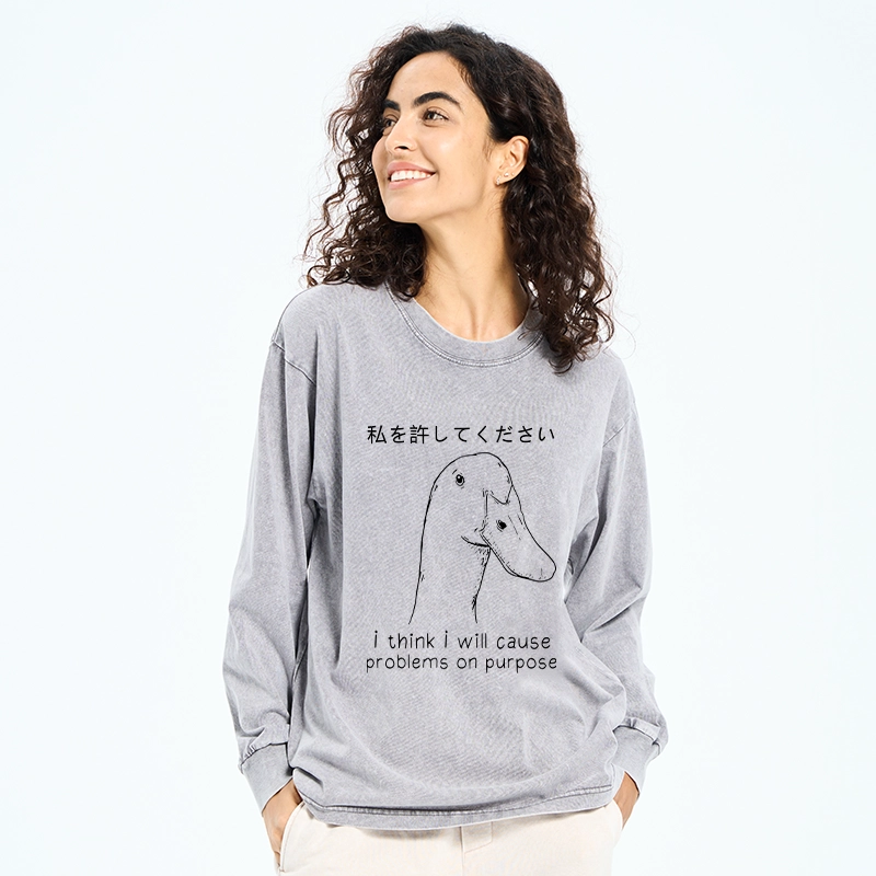 Tokyo-Tiger Stupid Goose Funny Washed Long Sleeve T-Shirt