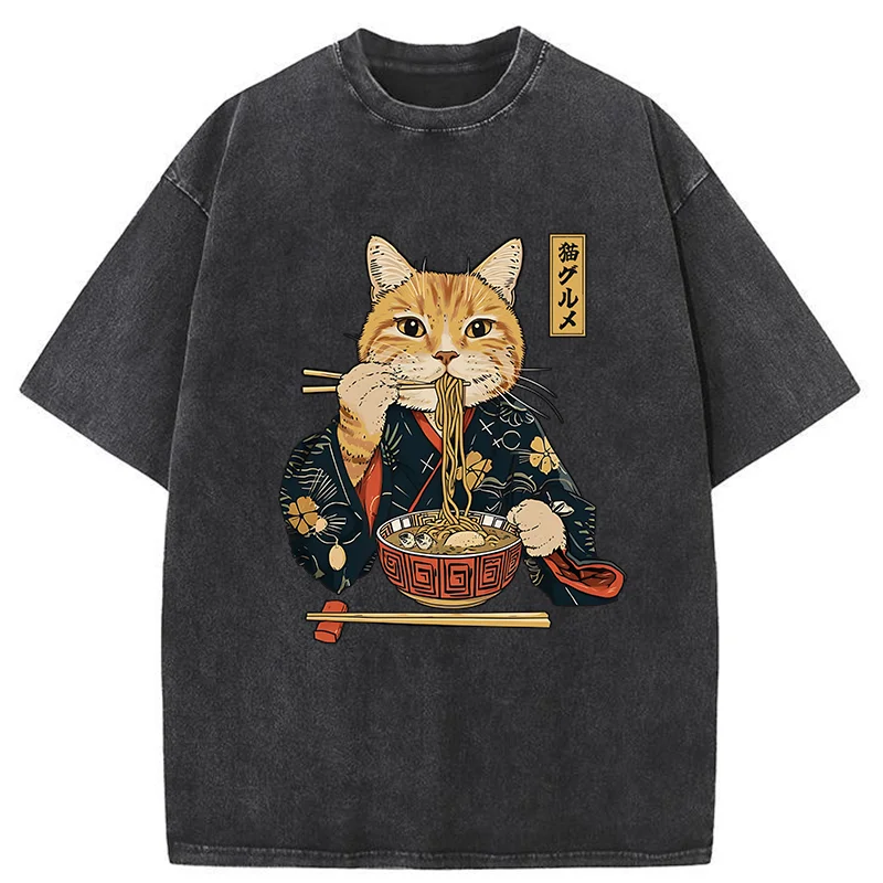 Tokyo-Tiger Elegant Cat Eating Ramen Washed T-Shirt
