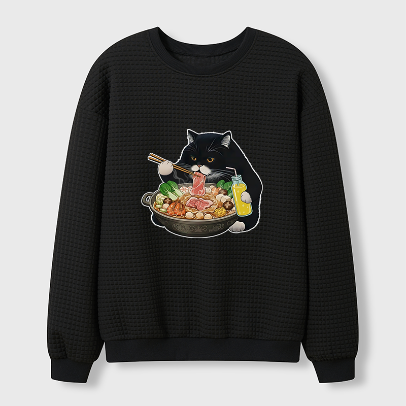 Tokyo-Tiger Black Cat Eating Hot Pot Waffle Sweatshirt
