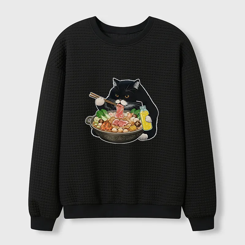 Tokyo-Tiger Black Cat Eating Hot Pot Waffle Sweatshirt