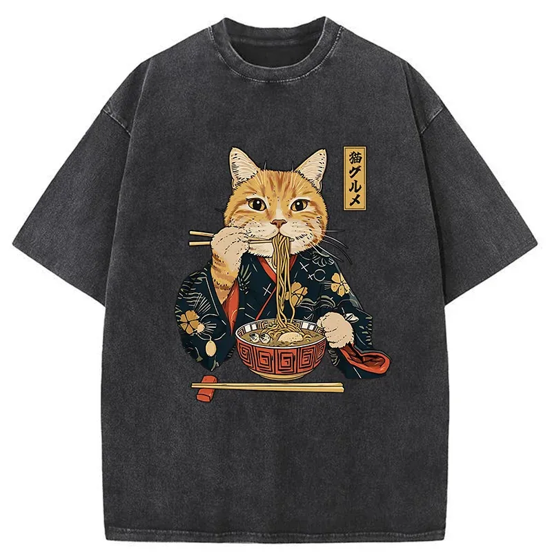 Tokyo-Tiger Elegant Cat Eating Ramen Washed T-Shirt